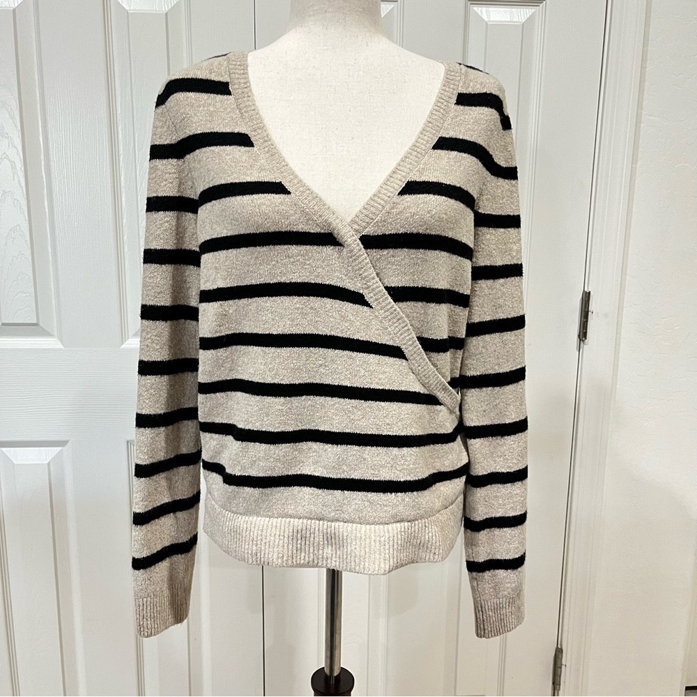 Belle Striped V-Neck Wrap Sweater Tan & Black Size M